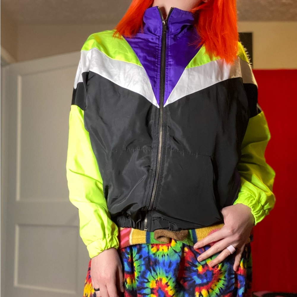 F21 purple, neon yellow, white and black sporty crop jacket